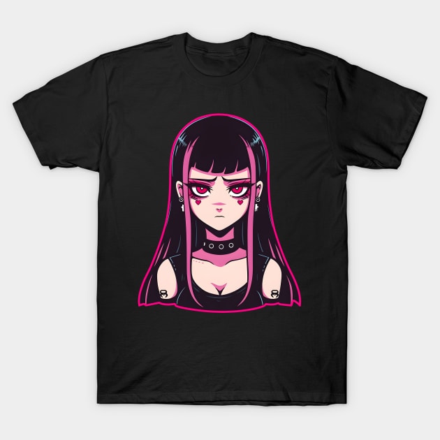 Anime Goth Girl with Chokers and Tattoos - Edgy Character Art T-Shirt by Chibidorable